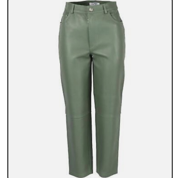 Ena Pelly Green Leather Straight Leg Pants